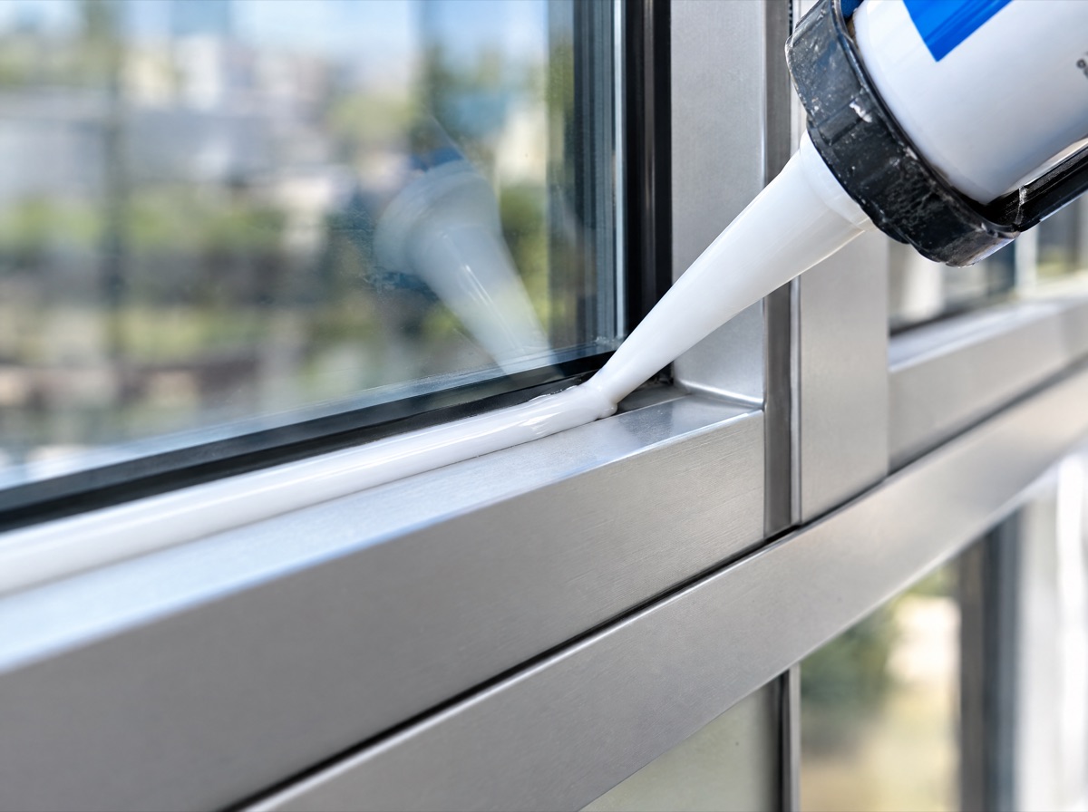 Close-up of a clean silicone bead applied along an aluminum window frame