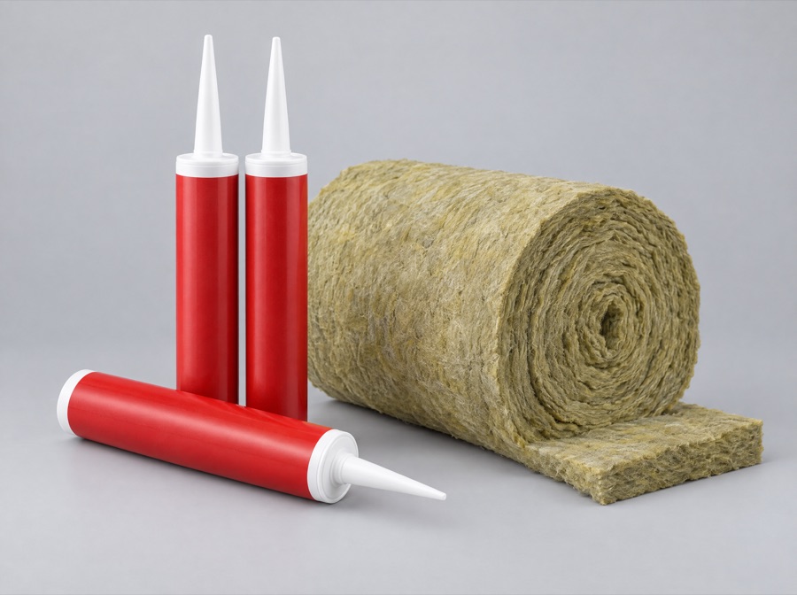Red fire-rated firestop tubes and mineral wool roll