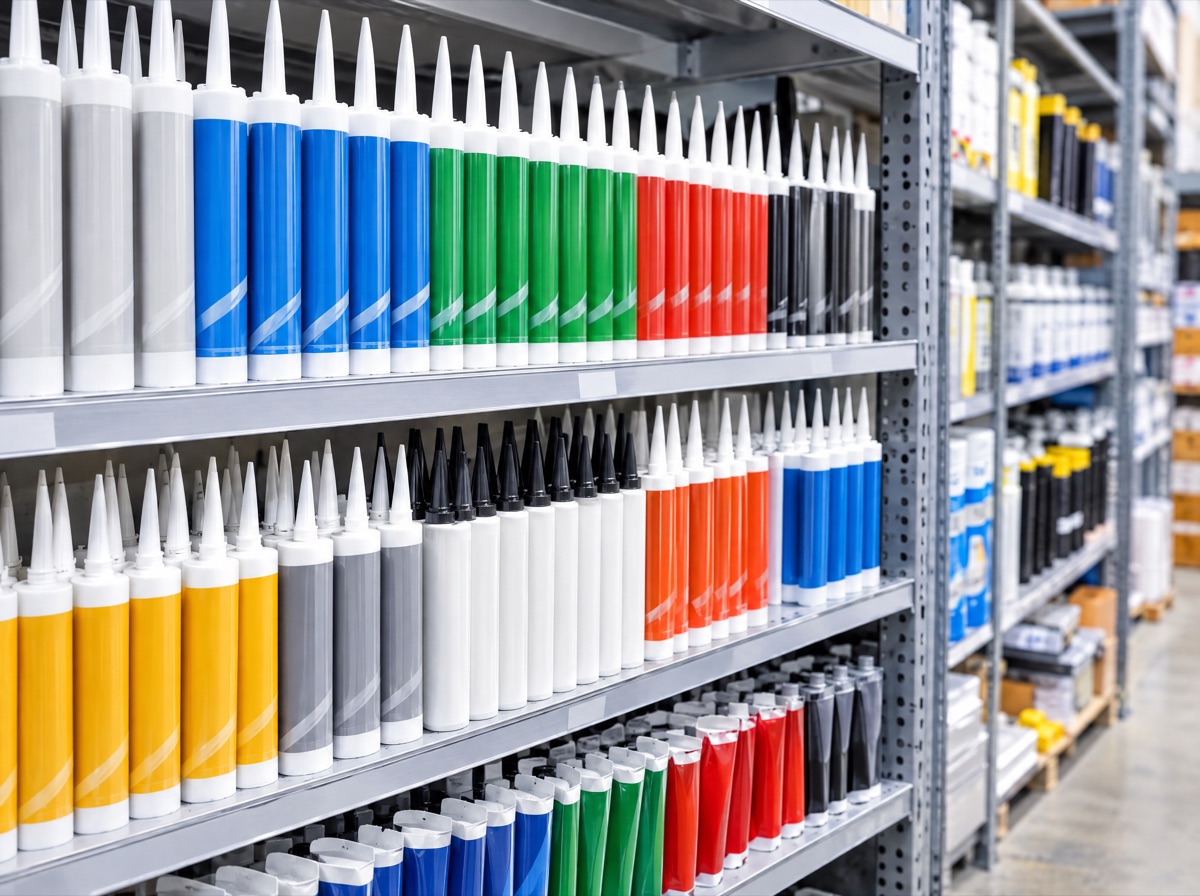 Rows of caulking and sealant cartridges on warehouse shelving