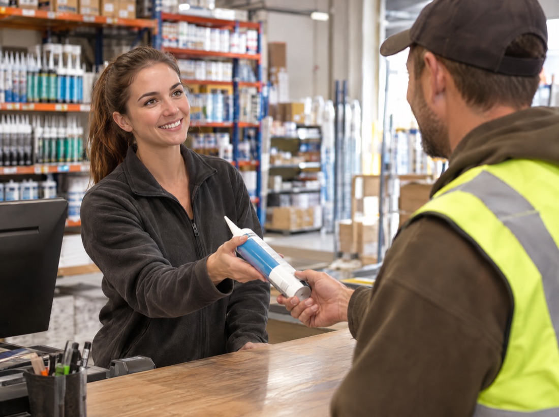Webco counter staff handing a contractor the right product
